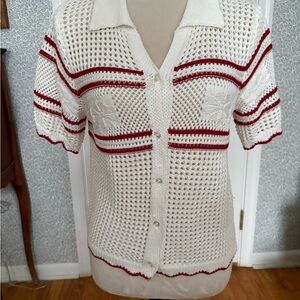 NWOT Cotton Emporium White and Red crochet Knit Button-Up Shirt
